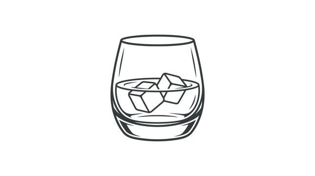 Minimalist line art illustration of a whiskey glass with ice cubes on white background
