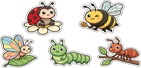 Set of cute cartoon insects, ladybug on flower, bumblebee with honey dipper, butterfly on leaf, green caterpillar, and ant on branch. © RABBI
