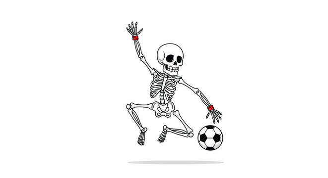 Funny cartoon skeleton jumping and playing soccer with a ball wearing red wristbands in a lighthearted halloween or sports theme.