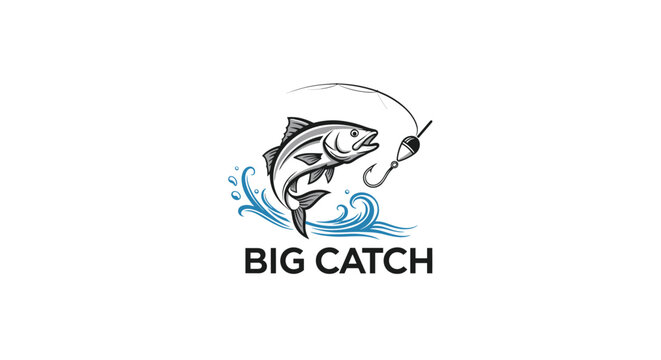 Vintage style fishing logo featuring a fish jumping out of the water near a hook with the bold text big catch for angling clubs.