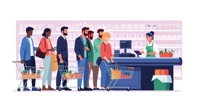 Long line of diverse customers with shopping carts waiting to pay at a supermarket checkout counter with a friendly cashier working.