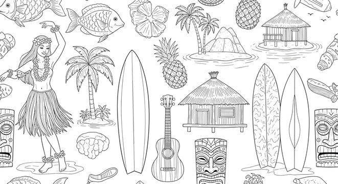 Seamless pattern of traditional Hawaiian icons including hula dancers tiki masks surfboards tropical fish and exotic island palm trees.