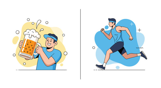 Split panel illustration comparing the unhealthy habit of drinking large beers with the healthy lifestyle of regular outdoor running.