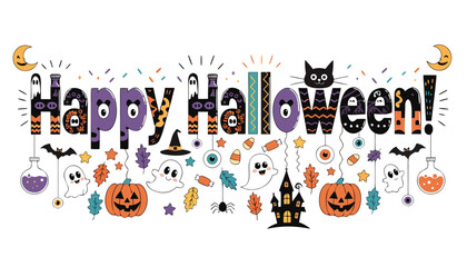 Fototapeta premium Colorful halloween greeting with festive decorations and characters