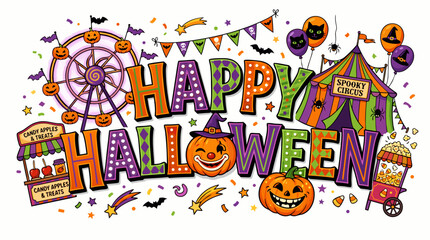 Fototapeta premium Colorful halloween graphic with happy halloween text and festive carnival elements