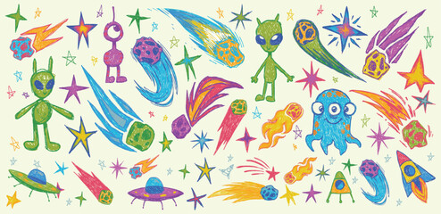 Cute alien and space doodle collection featuring UFOs, meteors, planets, comets, rockets, and extraterrestrial characters. Colorful hand drawn vector set perfect for kids designs, stickers, educationa © Rahidul