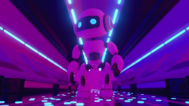 4k 3d animation loop of a small AI character moving forward on a glowing digital circuit floor, creative background for sci-fi concepts.
Cute futuristic robot walking through a spaceship corridor. 