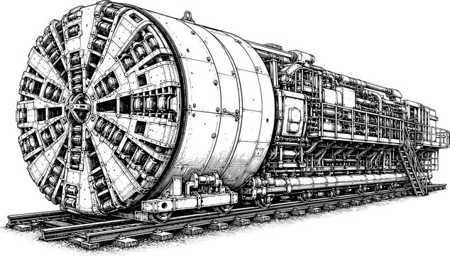 Tunnel Boring Machine Vintage Engraving Style Black and White Heavy Underground Construction Equipment Illustration
