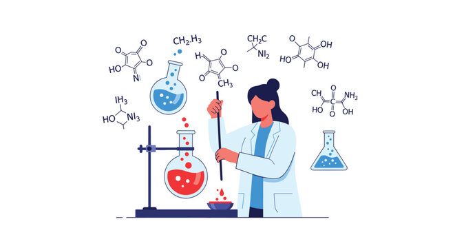 Professional chemist in a lab coat performs an experiment using various flasks, test tubes, and chemical formulas for research.