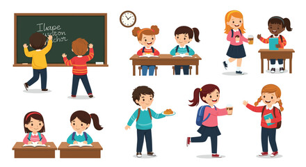 Fototapeta premium Collection of diverse primary school children engaged in various activities like reading, writing on chalkboard, and having snacks together.