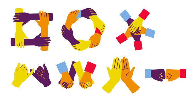 Set of Unity Hands for Friendship Day Celebration, Diversity, Togetherness, and Community Support Illustration. Vector Set