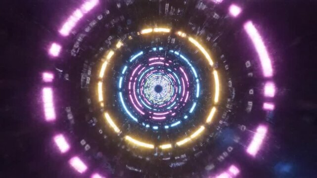 Abstract Digital Tunnel with Glowing Neon Rings and Binary Code