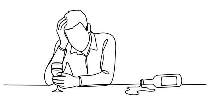 Sad man drinking wine alone at a table with a spilled bottle single line drawing style