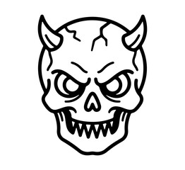 Fototapeta premium horned demon skull illustration with grinning teeth and devil horns tattoo design on white background