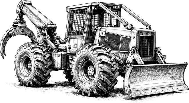 Forestry Skidder with Grapple Blade Vintage Engraving Style Black and White Logging Equipment Illustration