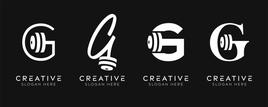 Set of initial letter G gym logo design templates. Modern isolated letter G with barbell elements designs.
