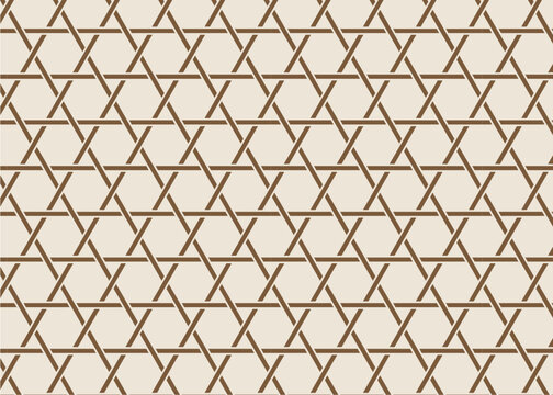 Seamless Japanese Kumiko Kagome lattice pattern with brown lines on beige background.Warm ivory and brown repeating vector ornament in organic oriental lattice style