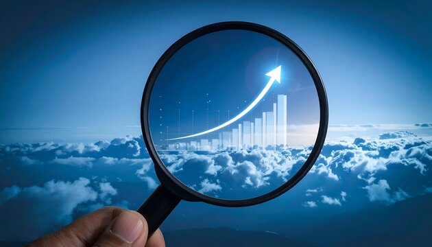 Hand holds magnifying glass over skyward graph trend. Clouds stretch below in soft blue gradient