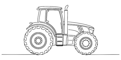 Black and white line art drawing of a modern farm tractor for agriculture and farming © Monibala