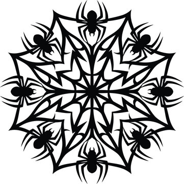 Spider Web Mandala Vector with Black Tribal Spikes, Stylized Arachnids, and Decorative Symmetry for Tattoo Design