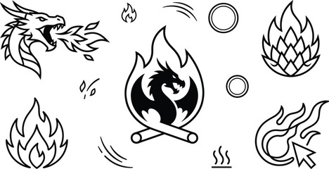 Naklejka premium Mythical Fire Breathing Dragon and Bonfire Line Icon Set for Fantasy Gaming Interface Designs
