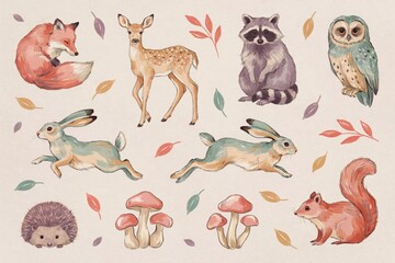 Naklejka premium Hand drawn watercolor set of wild forest animals including a raccoon, deer, fox, squirrel, owl, rabbits, and mushrooms with leaves