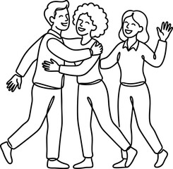 Continuous line drawing of a group of friends meeting and greeting each other. © punokawan