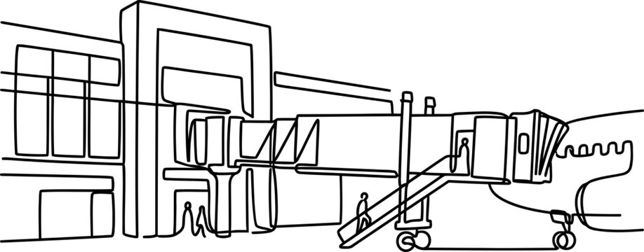 Continuous line drawing of an airport jet bridge connected to a terminal.