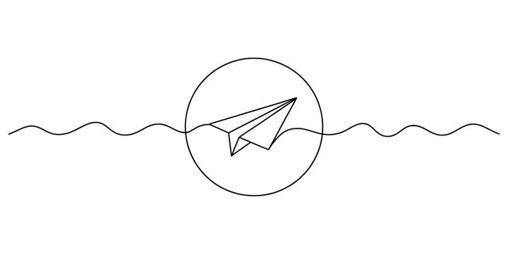 Continuous single line drawing of a paper plane inside a circle with a wavy line path
