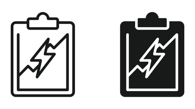 Clipboard icon with lightning bolt symbol representing data analysis and project management efficiency in minimalist black and white vector graphic design for corporate business productivity