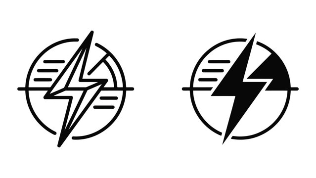 Lightning bolt with horizontal signal lines icon set representing high voltage energy and signal processing in both outline and solid black vector designs for technical monitoring software