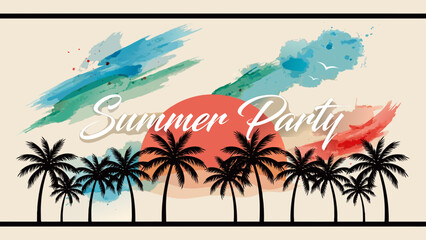 Obraz premium summer party vector background, tropical sunset with palm trees, watercolor beach party banner, retro summer sunset illustration, tropical vacation poster design