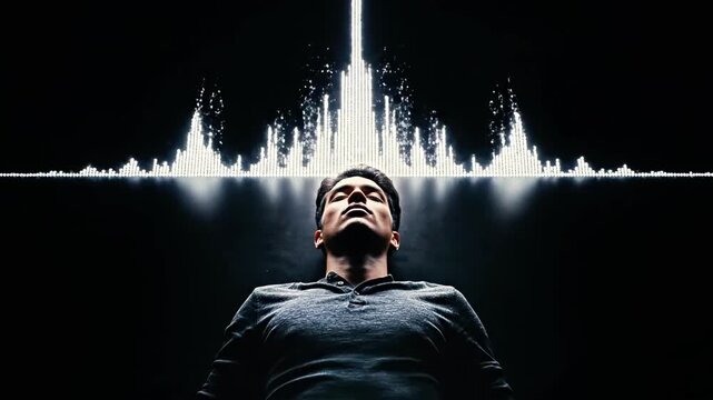 A man looks up with a cityscape light display behind him
