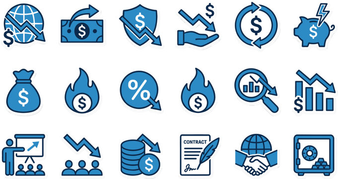 Financial Crisis and Economic Inflation Blue Icon Set Featuring Recession Symbols for Business Analytics, Bankruptcy, Risk Management, and Commercial Presentation Designs