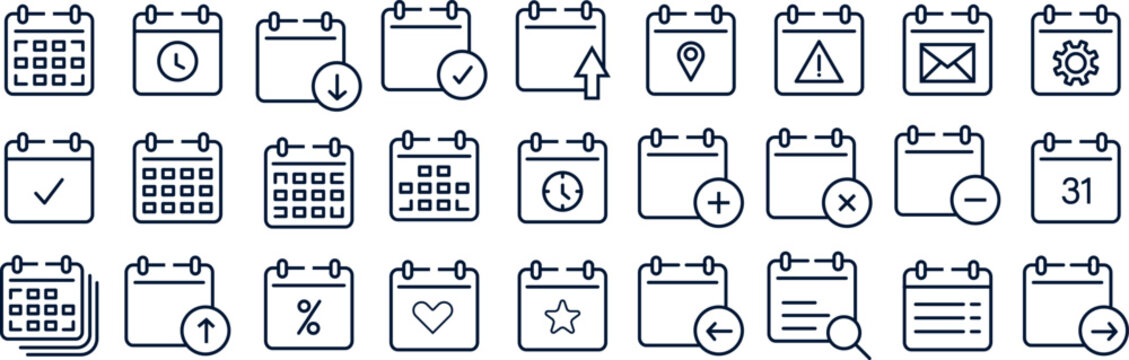 Minimalist line calendar icon design for modern timebox dashboard layout systems, containing high-quality clean flat vector illustration elements.