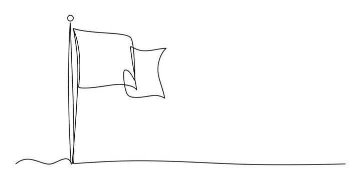 A single line drawing of a waving flag on a pole representing victory and achievement