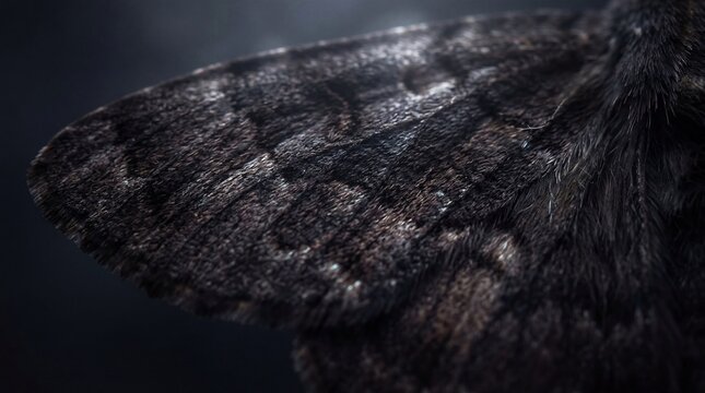 Close-up Macro Shot of a Dark Moth Wing with Intricate Patterns.