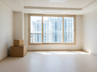 Fototapeta premium Korean Apartment Moving and Package Life Series-Empty Sunny Apartment with Cardboard Boxes