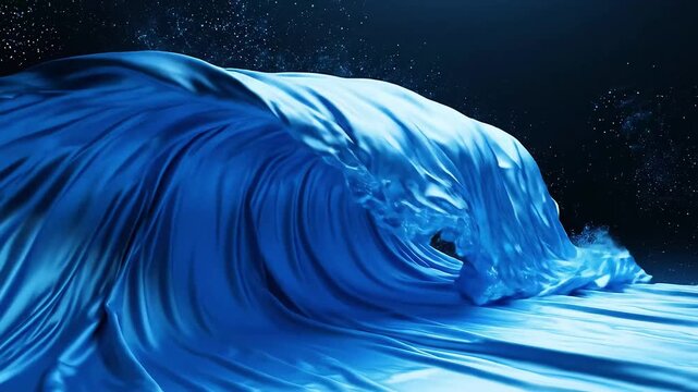 A dramatic, glossy blue ocean wave curling into a crest against a dark starry background, liquid textures and dynamic motion
