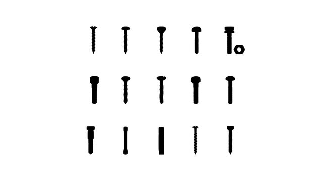 Screw Set of Different Types and Screw Heads Arranged in Rows on a White Background for Engineering Design