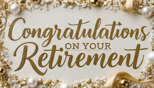 Gold congratulations retirement greeting with script on a framed adorned with pearls and ribbons