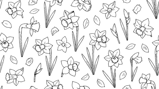 Detailed black and white daffodil line art illustration.