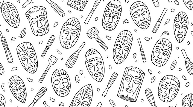 Tribal masks and tools seamless pattern design.
