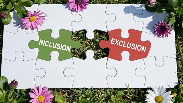 A jigsaw puzzle piece with inclusion and exclusion on grass with flowers representing diversity and unity concept