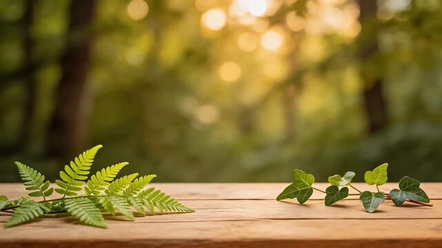 Wooden table with green leaves in forest
