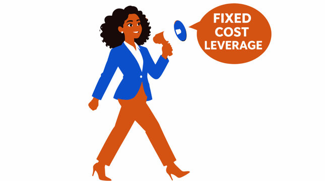 Businesswoman holding megaphone with fixed cost leverage text.