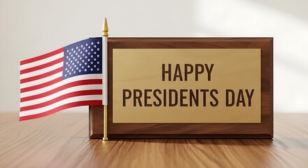 American flag beside a plaque inscribed "Happy Presidents Day" on wooden surface