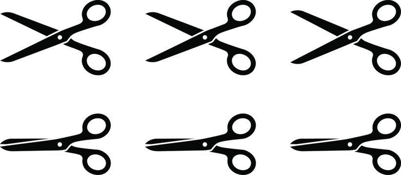 Set of black scissors icons in different positions