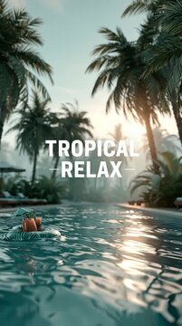 A tropical resort pool with floating drinks and umbrellas, palm trees gently swaying, and soft sun reflections on the water, featuring floating typography reading &ldquo;TROPICAL RELAX.&rdquo;