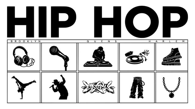 Hip Hop Concept Word Design Above a Grid of Music-Themed Black and White Vector Icons and Symbols Featuring Hiphop, Rhythm, Rap